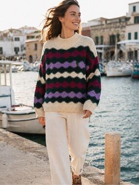 The Korner Wave Knit Sweater Cream Multicolor S/M Chunky Retro Cozy Pullover